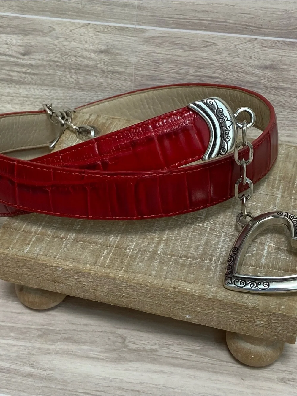 Red Leather Embosses Belt with Silver Chain and Heart Buckle